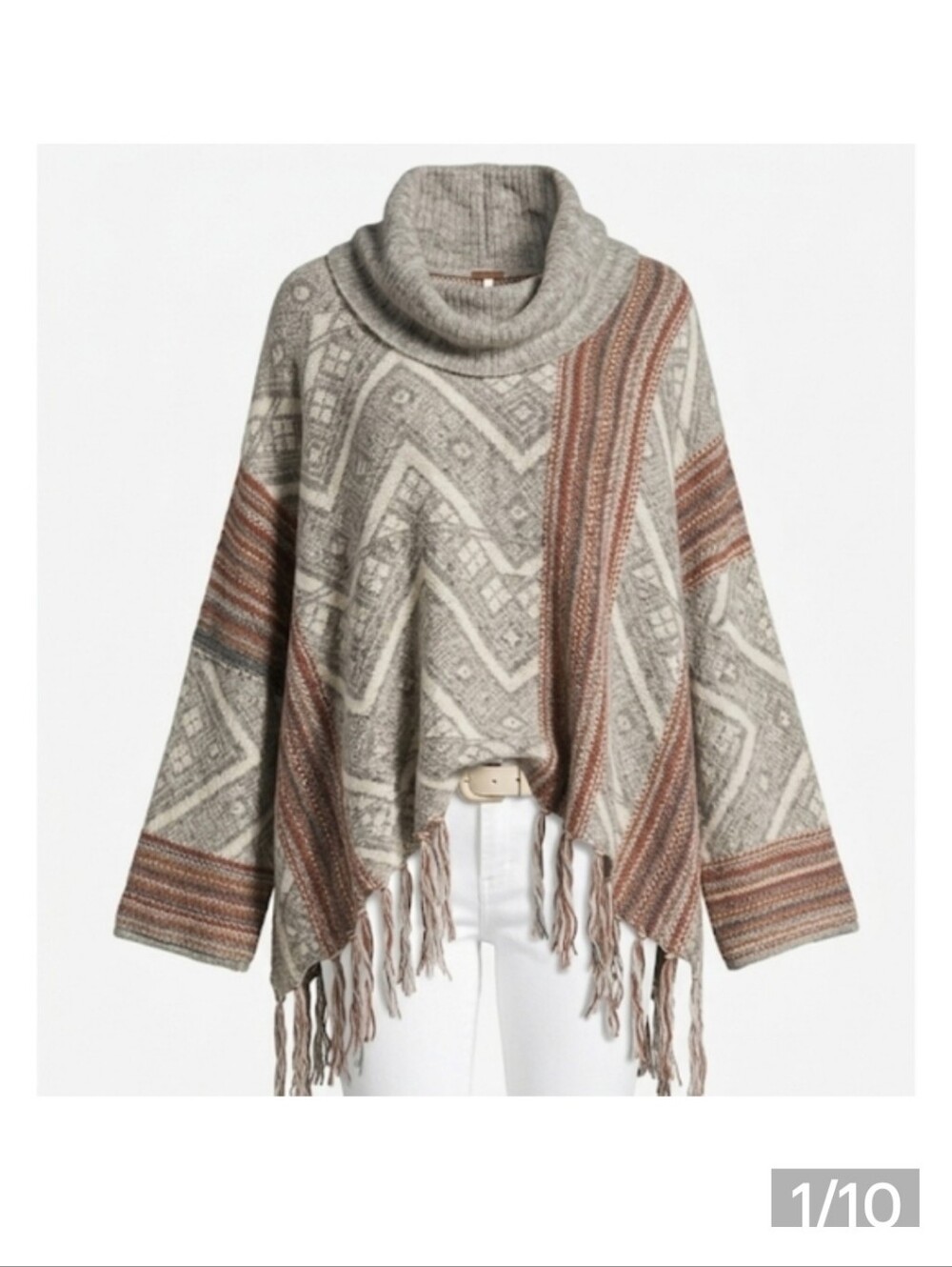 Free People Beige Cream Patterned Cowl-Neck South West Poncho - Picture 11 of 11